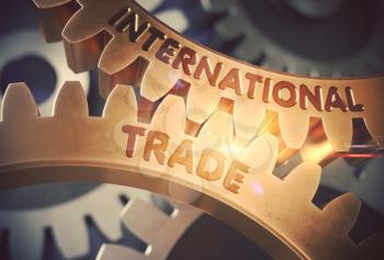 International Trade - Illustration with Lens Flare. International Trade Golden Metallic Cog Gears. 3D Rendering.