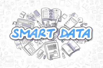 Smart Data - Sketch Business Illustration. Blue Hand Drawn Inscription Smart Data Surrounded by Stationery. Doodle Design Elements. 