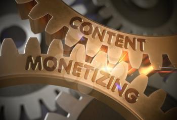 Content Monetizing - Illustration with Glowing Light Effect. Content Monetizing Golden Metallic Cog Gears. 3D Rendering.