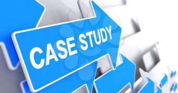 Case Study - Blue Arrow with a Inscription Indicates the Direction of Movement. Case Study, Inscription on the Blue Arrow. 3D Illustration.