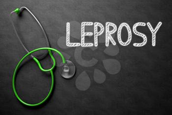 Medical Concept: Leprosy Handwritten on Black Chalkboard. Top View of Green Stethoscope on Chalkboard. Medical Concept: Leprosy - Text on Black Chalkboard with Green Stethoscope. 3D Rendering.
