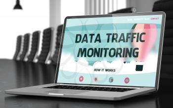 Mobile Computer Display with Data Traffic Monitoring Concept on Landing Page. Closeup View. Modern Conference Room Background. Toned. Blurred Image. 3D Render.