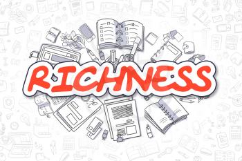 Richness Doodle Illustration of Red Word and Stationery Surrounded by Cartoon Icons. Business Concept for Web Banners and Printed Materials. 