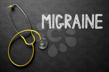 Medical Concept: Migraine Handwritten on Black Chalkboard. Top View of Yellow Stethoscope on Chalkboard. Medical Concept: Migraine - Medical Concept on Black Chalkboard. 3D Rendering.