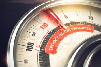 Technological Progress Rate Conceptual Rev Counter with Text on Red Label. Business or Marketing Concept. 3D.