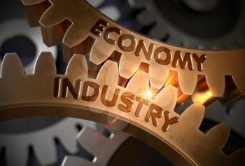 Economy Industry on the Mechanism of Golden Gears with Lens Flare. Economy Industry Golden Cog Gears. 3D Rendering.