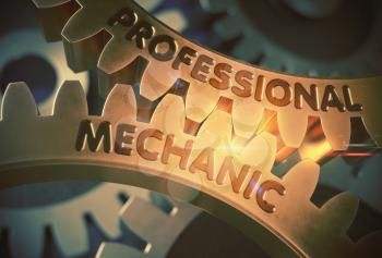 Professional Mechanic on Mechanism of Golden Metallic Gears. Professional Mechanic - Illustration with Glowing Light Effect. 3D Rendering.