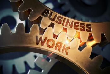Business Work on the Mechanism of Golden Metallic Cogwheels with Lens Flare. Golden Metallic Cogwheels with Business Work Concept. 3D Rendering.