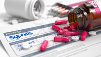 Handwritten Diagnosis Syphilis in the Differential Diagnoses. Medicaments Composition of Heap of Pills, Blister of Pills and Bottle of Tablets. 3D Illustration.