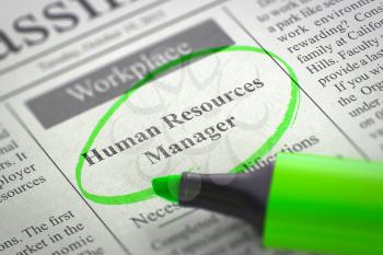 Human Resources Manager - Classified Advertisement of Hiring in Newspaper, Circled with a Green Marker. Blurred Image. Selective focus. Job Search Concept. 3D Rendering.