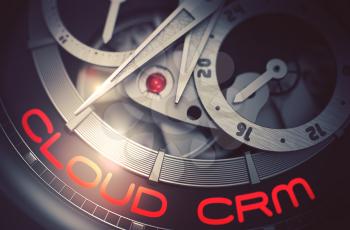 Cloud CRM on the Elegant Watch, Chronograph Close-Up. Luxury Wrist Watch Machinery Macro Detail with Inscription Cloud CRM. Business Concept with Lens Flare. 3D Rendering.