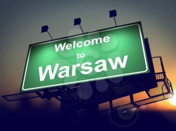 Welcome to Warsaw - Green Billboard on the Rising Sun Background.