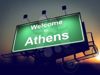 Welcome to Athens - Green Billboard on the Rising Sun Background.