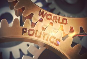 World Politics on the Mechanism of Golden Cog Gears with Glow Effect. World Politics on the Mechanism of Golden Gears with Lens Flare. 3D Rendering.