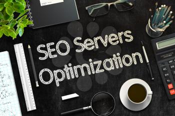 Black Chalkboard with SEO Servers Optimization Concept. 3d Rendering. Toned Image.