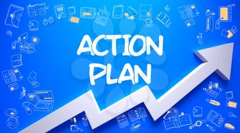 Action Plan - Enhancement Concept with Doodle Icons Around on the Azure Surface Background. Action Plan Inscription on the Modern Style Illustation. with Arrow Arrow and Doodle Design Icons Around.