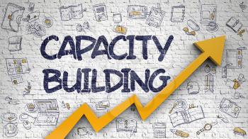 Capacity Building Drawn on White Brickwall. Illustration with Doodle Icons. Capacity Building Inscription on Modern Style Illustation. with Orange Arrow and Doodle Icons Around. 3d