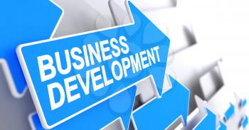 Business Development - Blue Arrow with a Label Indicates the Direction of Movement. Business Development, Label on the Blue Cursor. 3D Render.