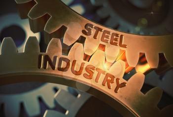 Steel Industry - Industrial Illustration with Glow Effect and Lens Flare. Steel Industry on Mechanism of Golden Metallic Cogwheels with Glow Effect. 3D Rendering.