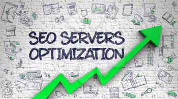 SEO Servers Optimization - Line Style Illustration with Doodle Elements. SEO Servers Optimization Drawn on White Brickwall. Illustration with Doodle Icons. 3d.