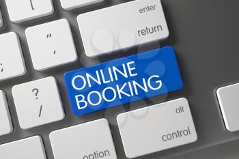 Online Booking Concept: Modern Keyboard with Online Booking, Selected Focus on Blue Enter Button. 3D Illustration.