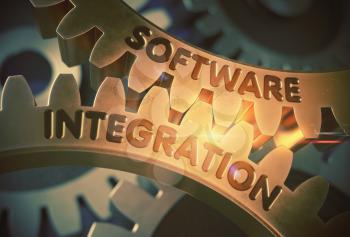 Software Integration on the Golden Cog Gears. Software Integration - Illustration with Glowing Light Effect. 3D Rendering.