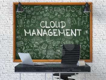 Green Chalkboard on the White Brick Wall in the Interior of a Modern Office with Hand Drawn Cloud Management. Business Concept with Doodle Style Elements. 3D.