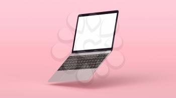 Mockup of Modern Laptop with Blank Screen on Pink Background. 3D Render illustration for Your Design.