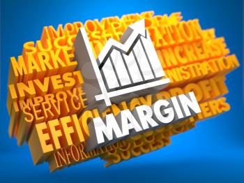 Margin with Growth Chart Icon on Yellow WordCloud on Blue Background.