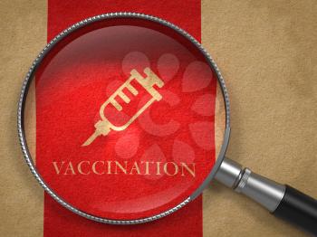 Vaccination Concept. Magnifying Glass with Syringe Icon on Old Paper with Red Vertical Line Background.