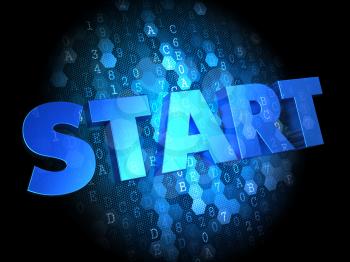 Start - the Word in Blue Color on Dark Digital Background.