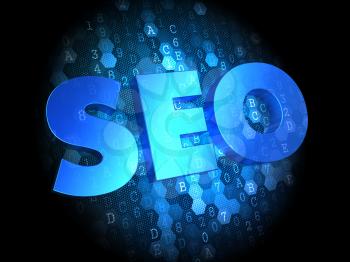 SEO - Blue Color Text on Dark Digital Background.