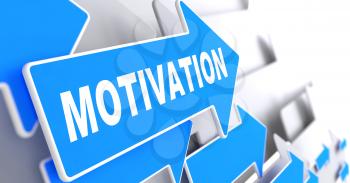 Motivation on Blue Arrow on a Grey Background.