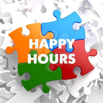 Happy Hours on Multicolor Puzzle on White Background.