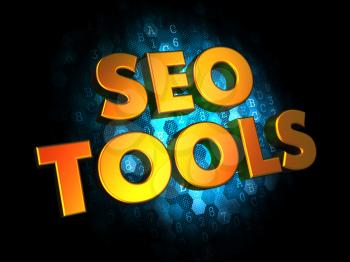 Seo Tools Concept - Golden Color Text on Dark Blue Digital Background.