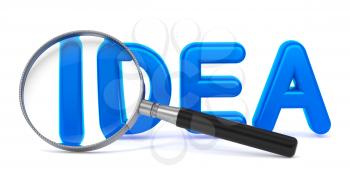 Idea - Blue 3D Word Through a Magnifying Glass on White Background.