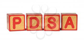 PDSA - Plan-Do-Study-Act -on Wooden Childrens Alphabet Block Isolated on White.