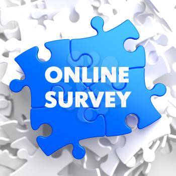 Online Survey on Blue Puzzle on White Background.