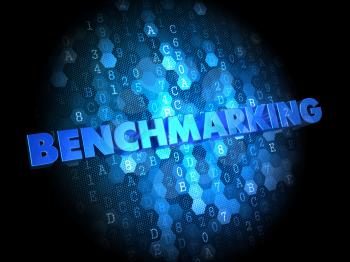 Benchmarking - Blue Color Text on Digital Background.