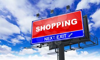 Shopping - Red Billboard on Sky Background. Business Concept.