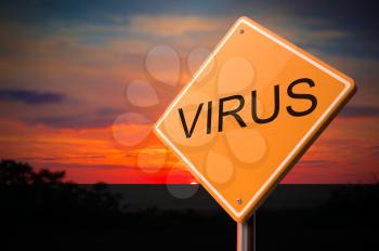 Virus on Warning Road Sign on Sunset Sky Background.