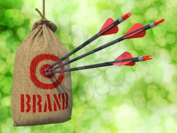 Brand - Three Arrows Hit in Red Target on a Hanging Sack on Green Bokeh Background.