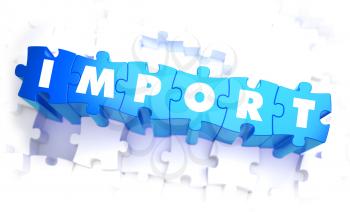 Import - Word in Blue Color on Volume  Puzzle. 3D Illustration.
