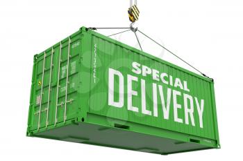 Special Delivery -Green  Cargo Container hoisted by hook, Isolated on White Background.