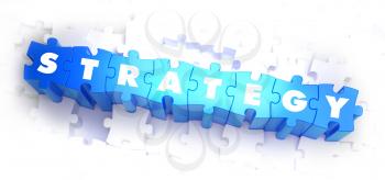 Strategy - White Word on Blue Puzzles on White Background. 3D Illustration.