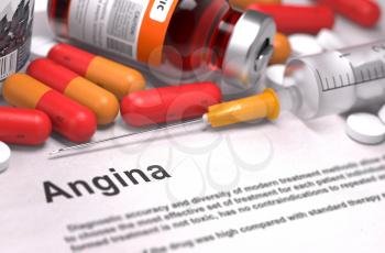 Angina - Printed Diagnosis with Red Pills, Injections and Syringe. Medical Concept with Selective Focus.