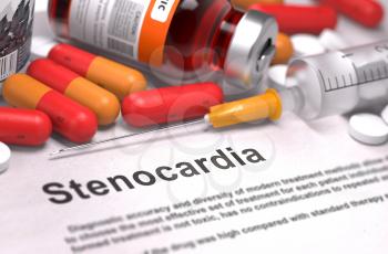 Stenocardia - Printed Diagnosis with Red Pills, Injections and Syringe. Medical Concept with Selective Focus.