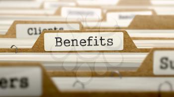 Benefits Concept. Word on Folder Register of Card Index. Selective Focus.