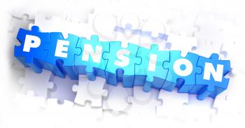 Pension - Text on Blue Puzzles on White Background. 3D Render. 