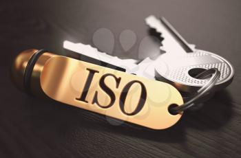 ISO - International Organization for Standardization - Concept. Keys with Golden Keyring on Black Wooden Table. Closeup View, Selective Focus, 3D Render. Toned Image.